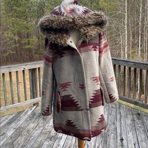 BB Dakota tribal wool jacket with fur hood coat size S